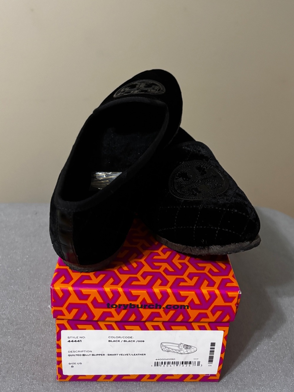 Tory Burch Black Quilted Velvet Slip-On Slippers with Logo Medallion